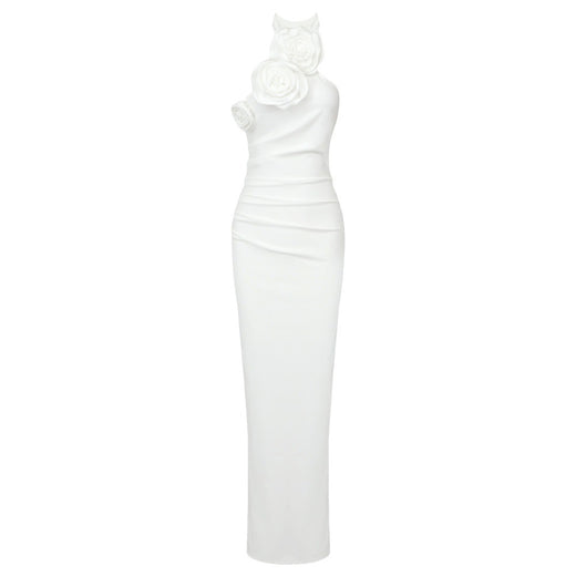 New Style White Ribbon Flower Halter Long High Sense Dress