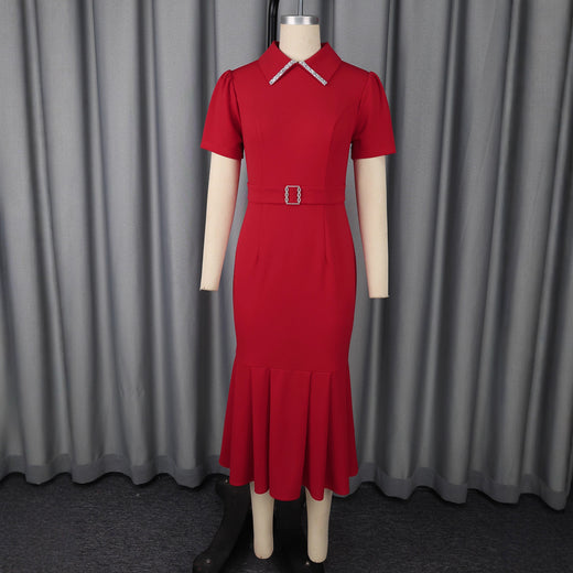 European And American Elegant Fashion Style Lapel Short Sleeve Dress