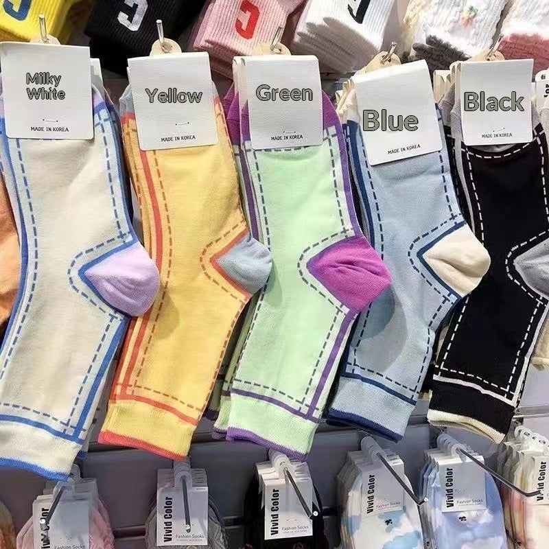 Women's Colorful Mid-calf Socks With Color-blocking Design