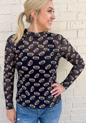 Black Game Day Rugby Mesh Sheer Long Sleeve Top