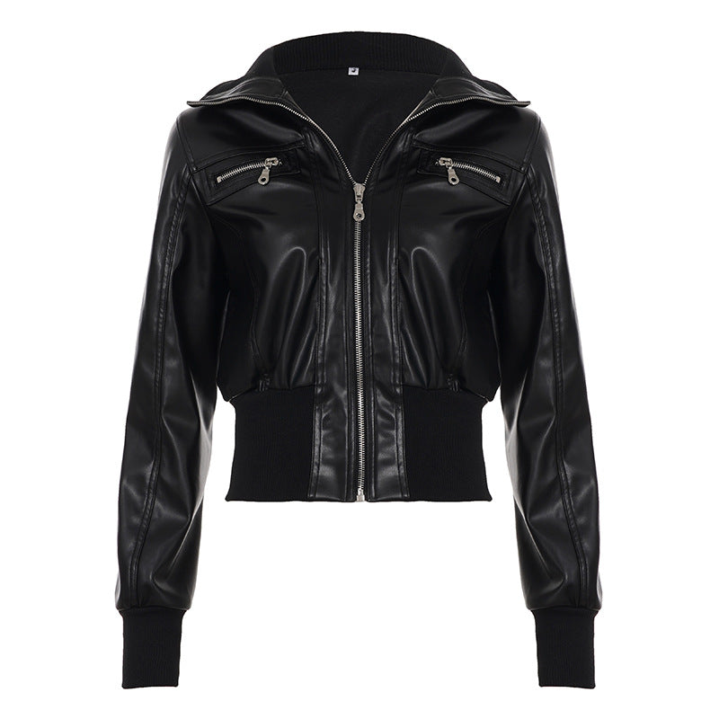 Retro Workwear Zipper Leather Jacket Coat