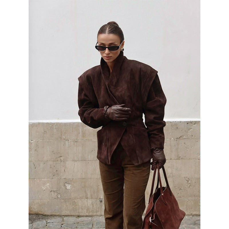 Solid Color Suede Lapel And Waist Tight Slim-fitting Patchwork Jacket