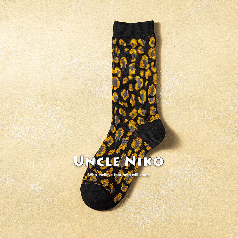 Ins Combed Cotton Mid-calf Socks Double-needle Korean-style Leopard Print