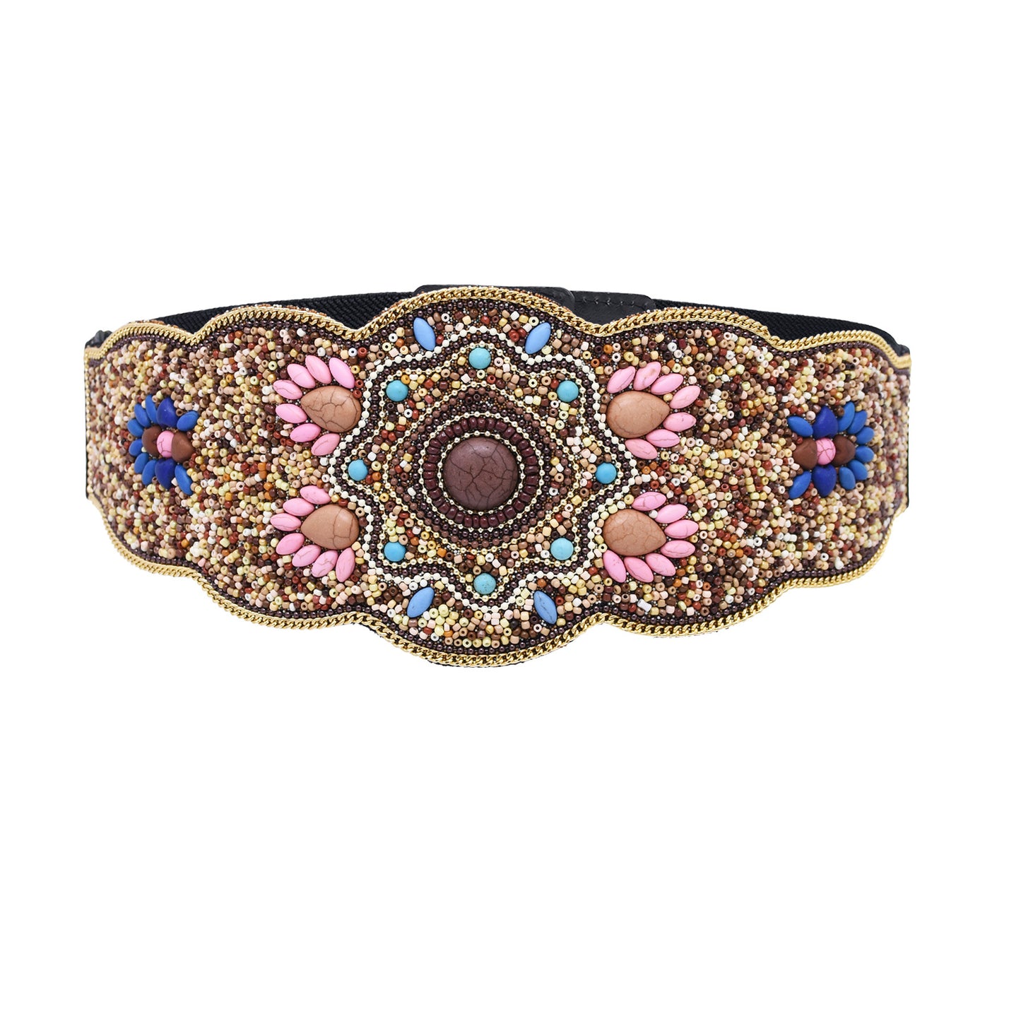 Beaded And Pressed Imitation Turquoise Elastic Waistband For Clothing Belt