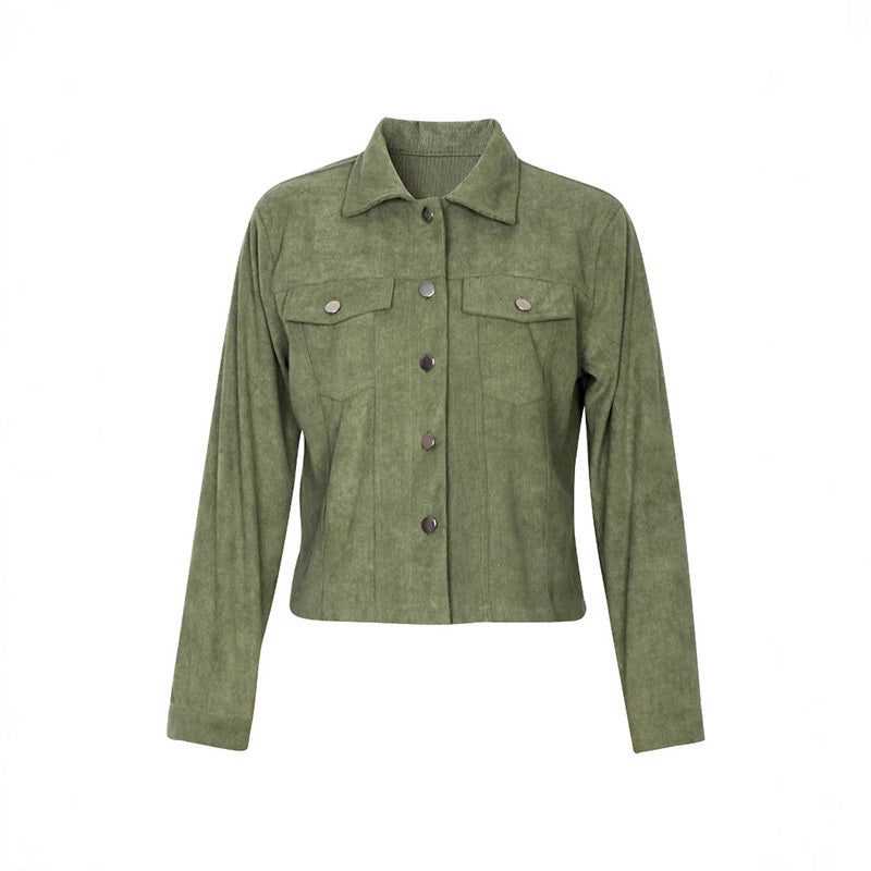 Women's Corduroy Long Sleeve Jacket - Casual Button-Up Coat With Flap Pockets