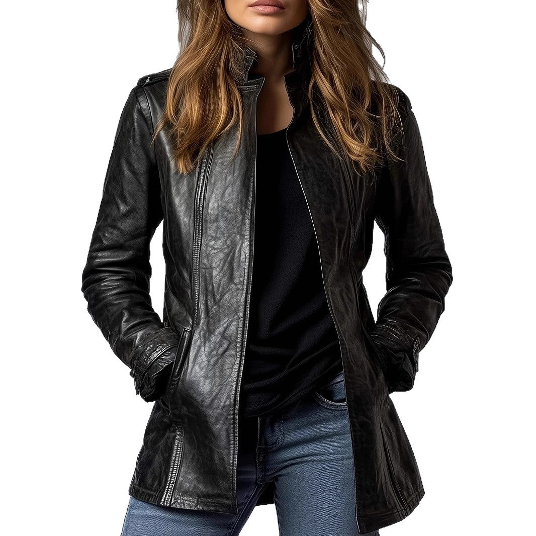 Women's Stand Collar Long Sleeve Distressed Fashion Leather Jacket Coat