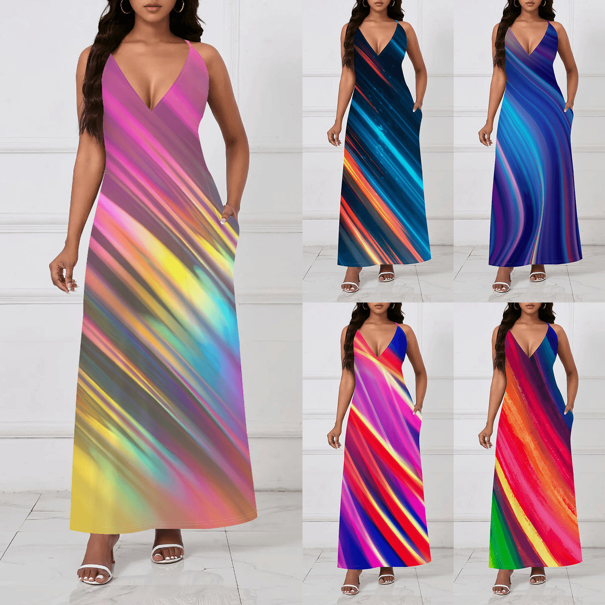 Bold Colorful Patterned Loose-fitting Sexy Backless Slip Dress