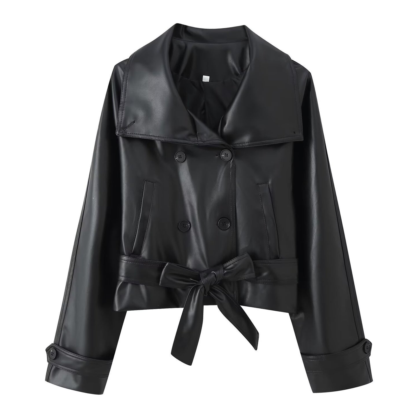 Trendy Wild Two-color Double Breasted Short Lace Up Leather Coat