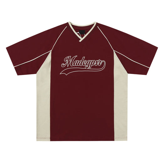 Short-sleeved Men's Summer Color Contrast Patchwork Loose T-shirt Couple Letters Top