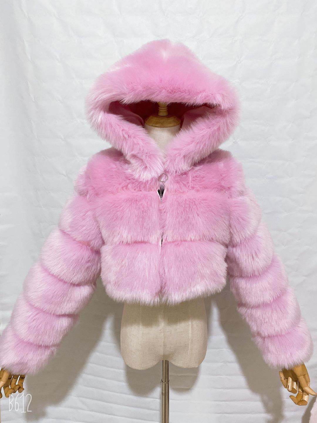 Short Hooded Faux Fur Long Sleeve Coat
