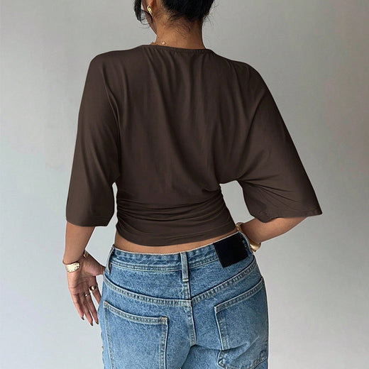 Women's Solid-Color Cropped Mid-sleeve T-shirt Short Fitted Top