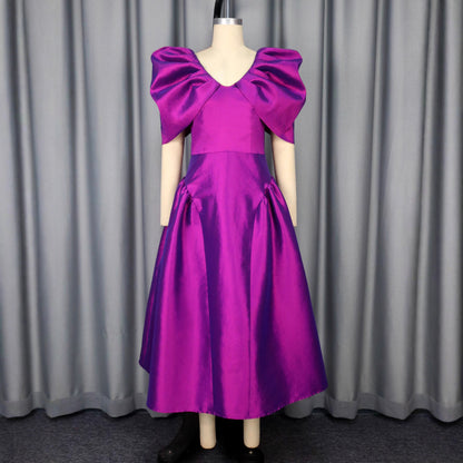 Puff Sleeve Evening Dress A Hem Pleated Banquet Dress