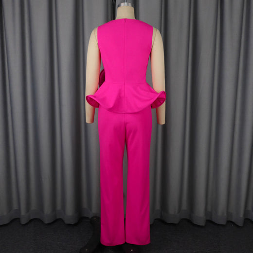 Three-dimensional Flower V-neck Sleeveless Top High Waist Fashion Straight-leg Pants