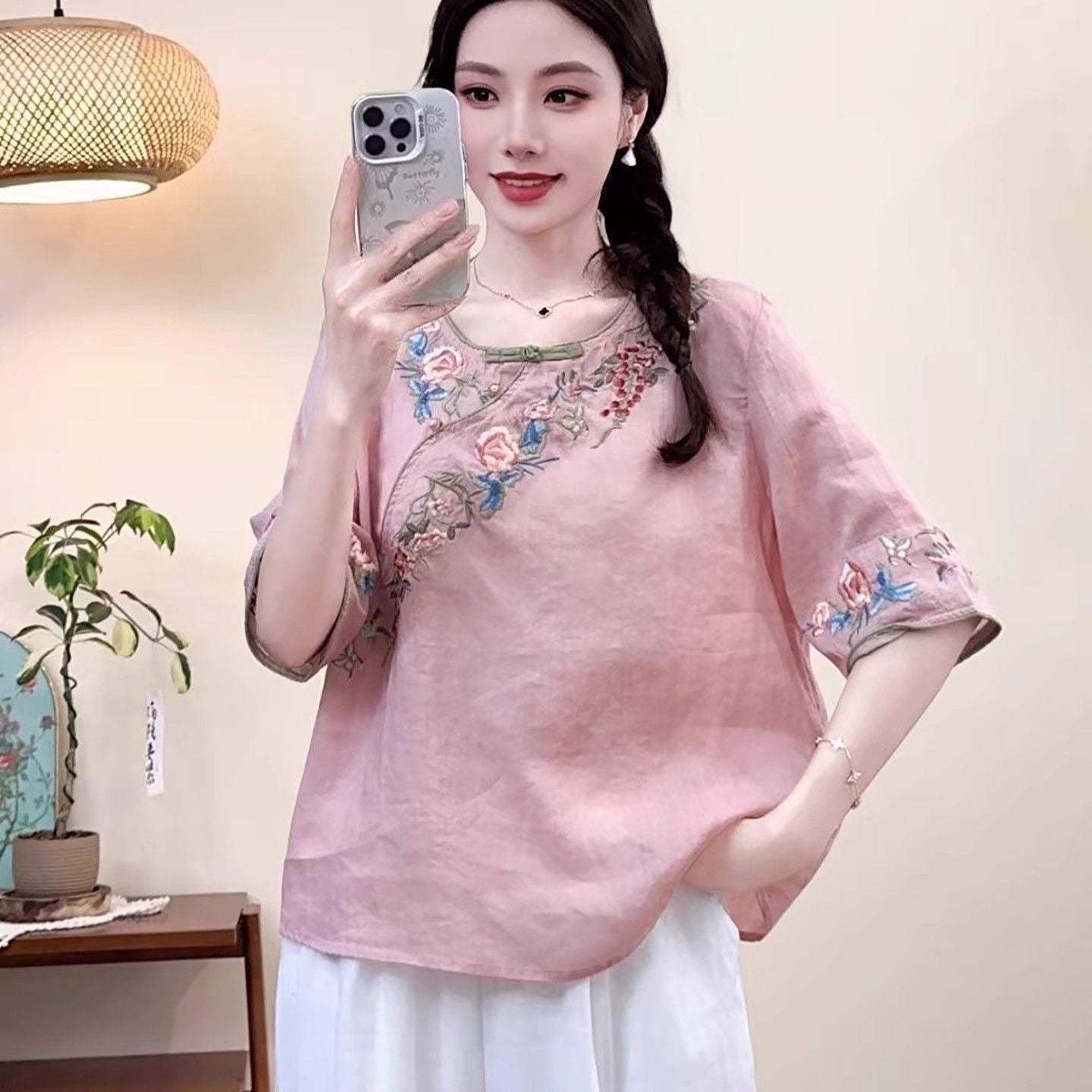 Women's Embroidered Button Cotton-Linen Short-Sleeve ShirtThree-Quarter Sleeve Top