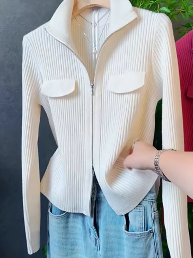 Polo Collar Solid Color Sweater All-match Long Sleeve