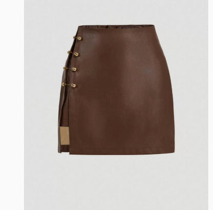 Womens Solid-Color Faux Leather Mini Skirt With Metal Buttons