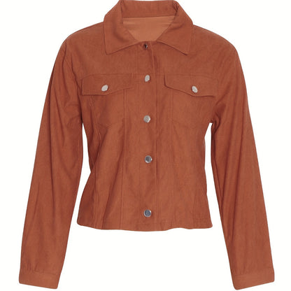 Women's Corduroy Long Sleeve Jacket - Casual Button-Up Coat With Flap Pockets