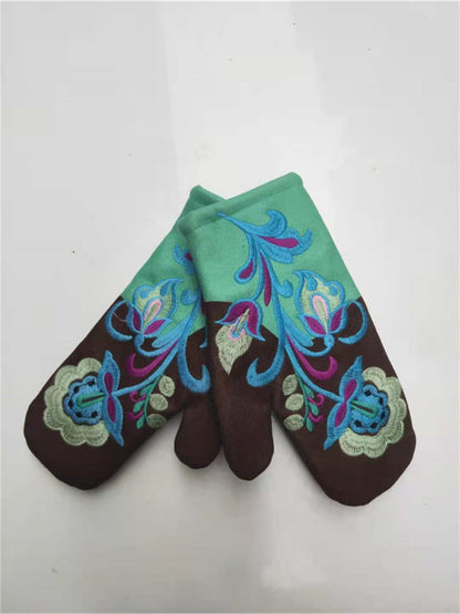 Thickened Color-block Embroidered Winter Warm Gloves For Women