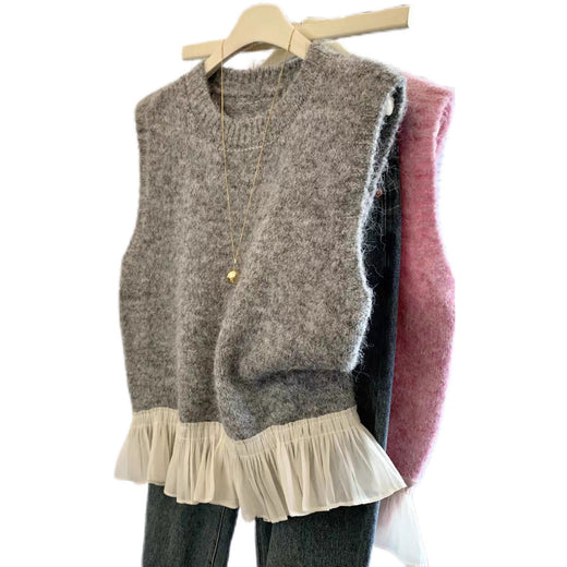 Women's Sweet And Soft Solid-Color Knitted With Ruffled Hemline Sweater Vest Waistcoat Top