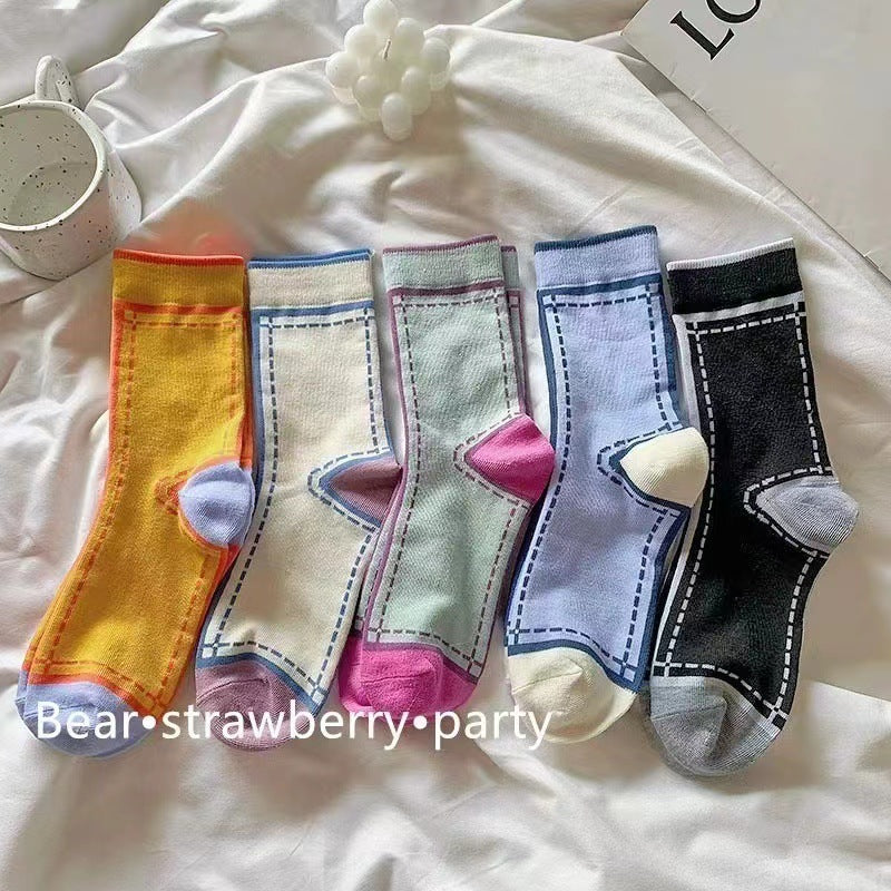 Women's Colorful Mid-calf Socks With Color-blocking Design