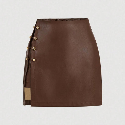 Womens Solid-Color Faux Leather Mini Skirt With Metal Buttons