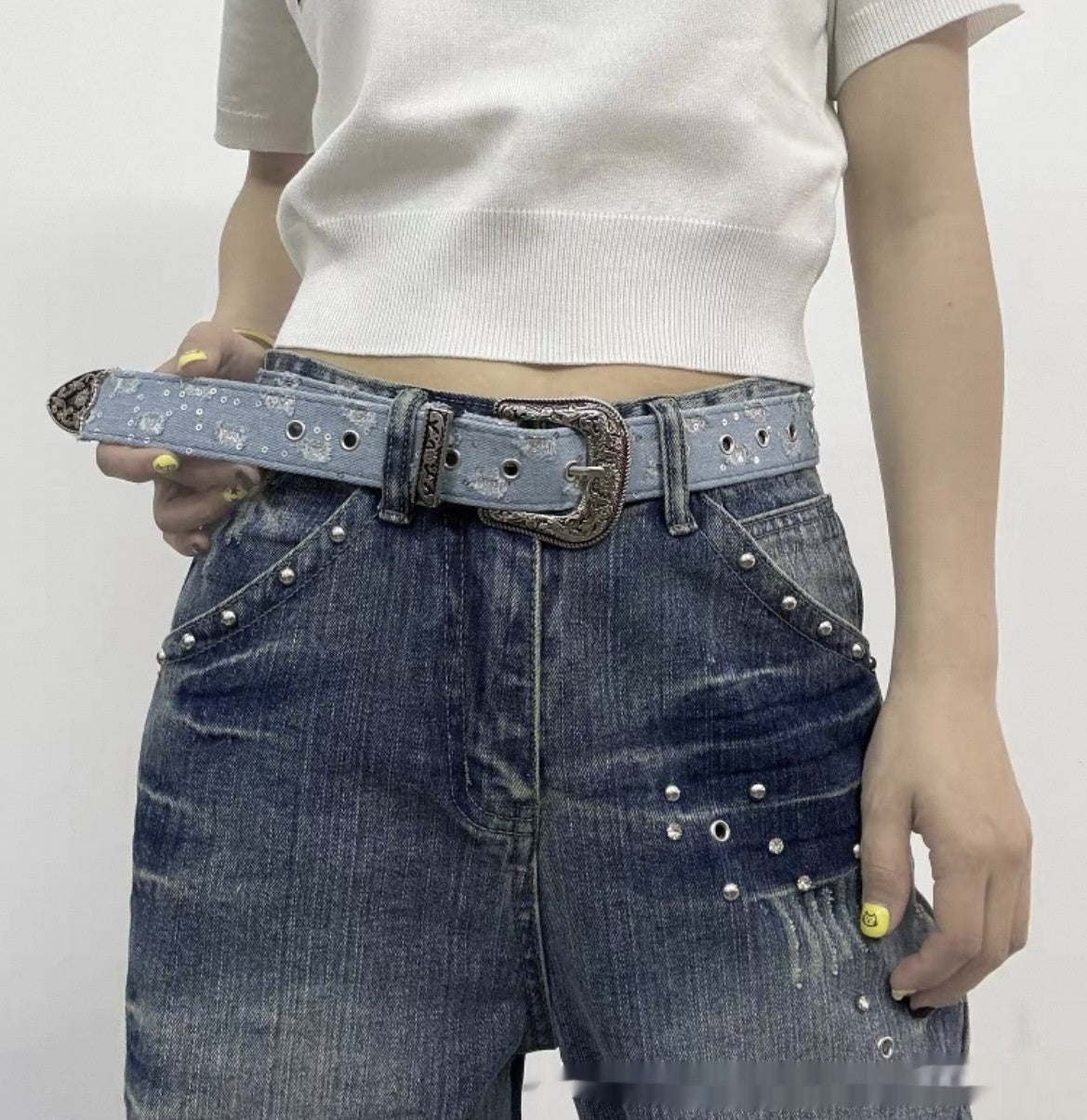 Blue Denim Belt Vintage Carved Leather Belt Accessory