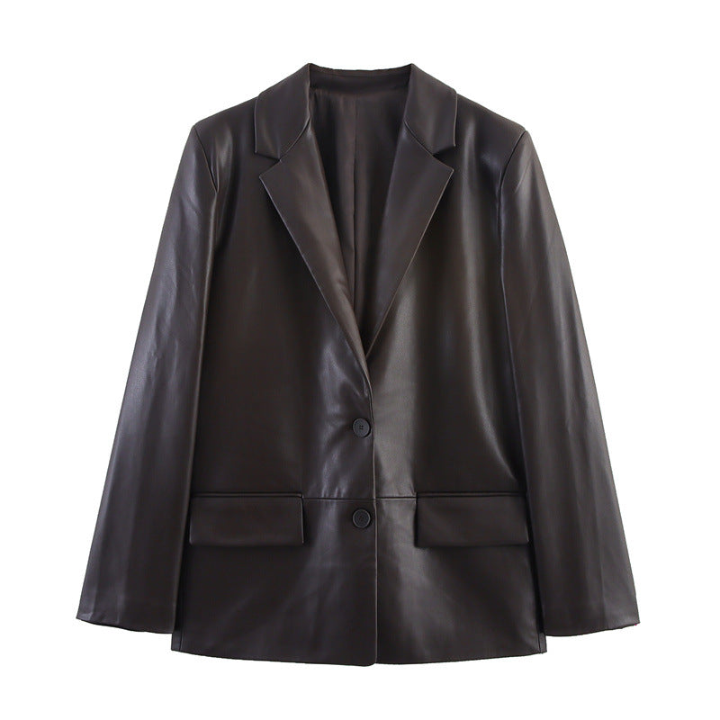 Fashion Temperament Women's Straight Leather Effect Blazer