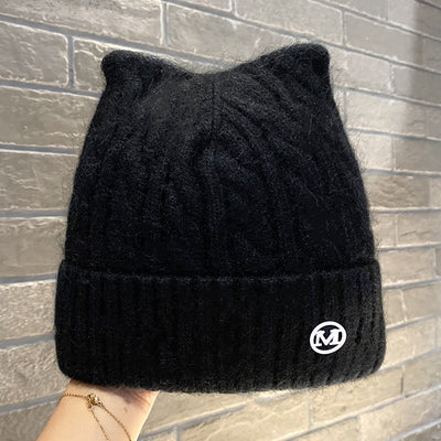 Cute Cat-ear Knitted Wool Warm Hat Versatile Face-slimming