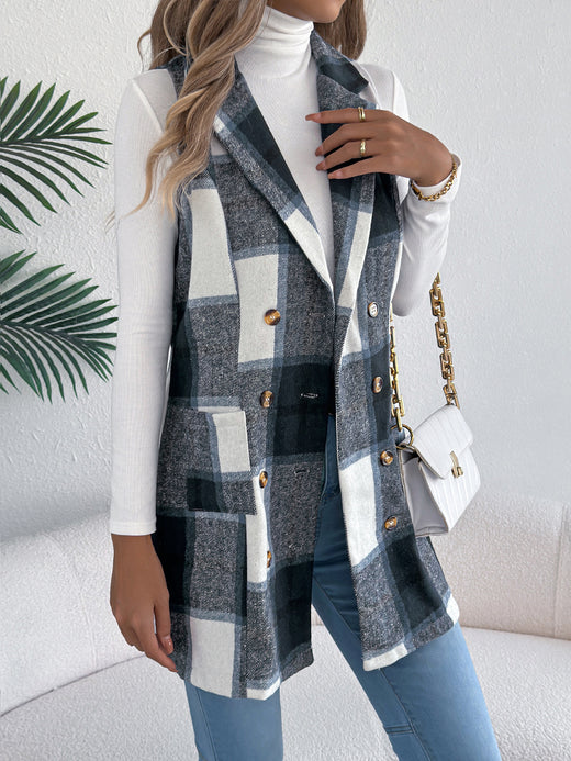 Women's Plaid Double-Breasted Pocket Tweed Long Vest