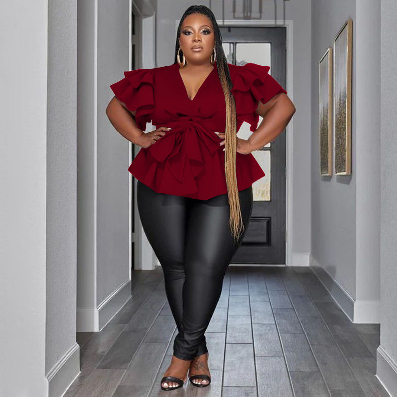 Women's Casual All-Match V-Neck Ruffle-Sleeve Pleated Blouse Top