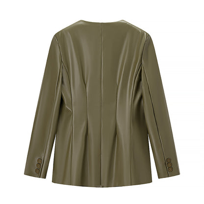 Women's Long-sleeved V-neck Leather Jacket