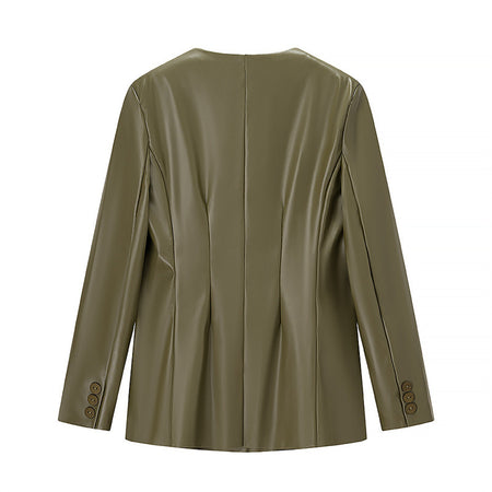 Women's Long-sleeved V-neck Leather Jacket