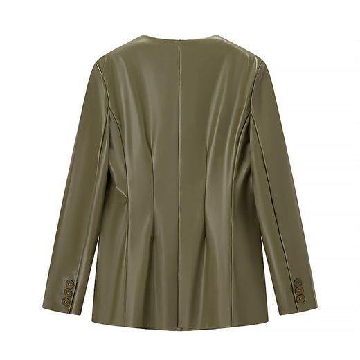 Women's Long-sleeved V-neck Leather Jacket