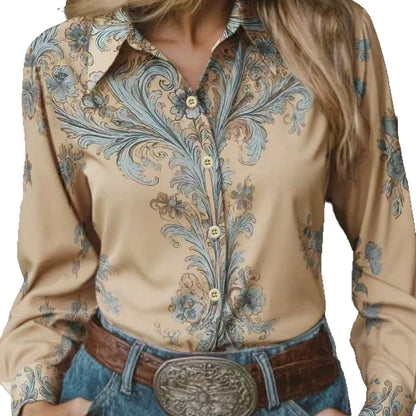 Womens Stylish Retro Printed Lapel Shirt Top