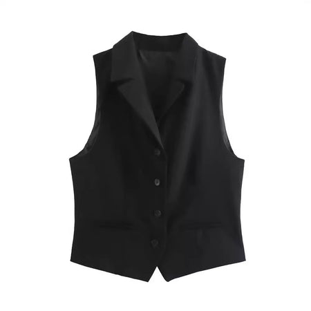 Womens Solid-Color Elegant Lapel Sleeveless Single-Breasted Vest