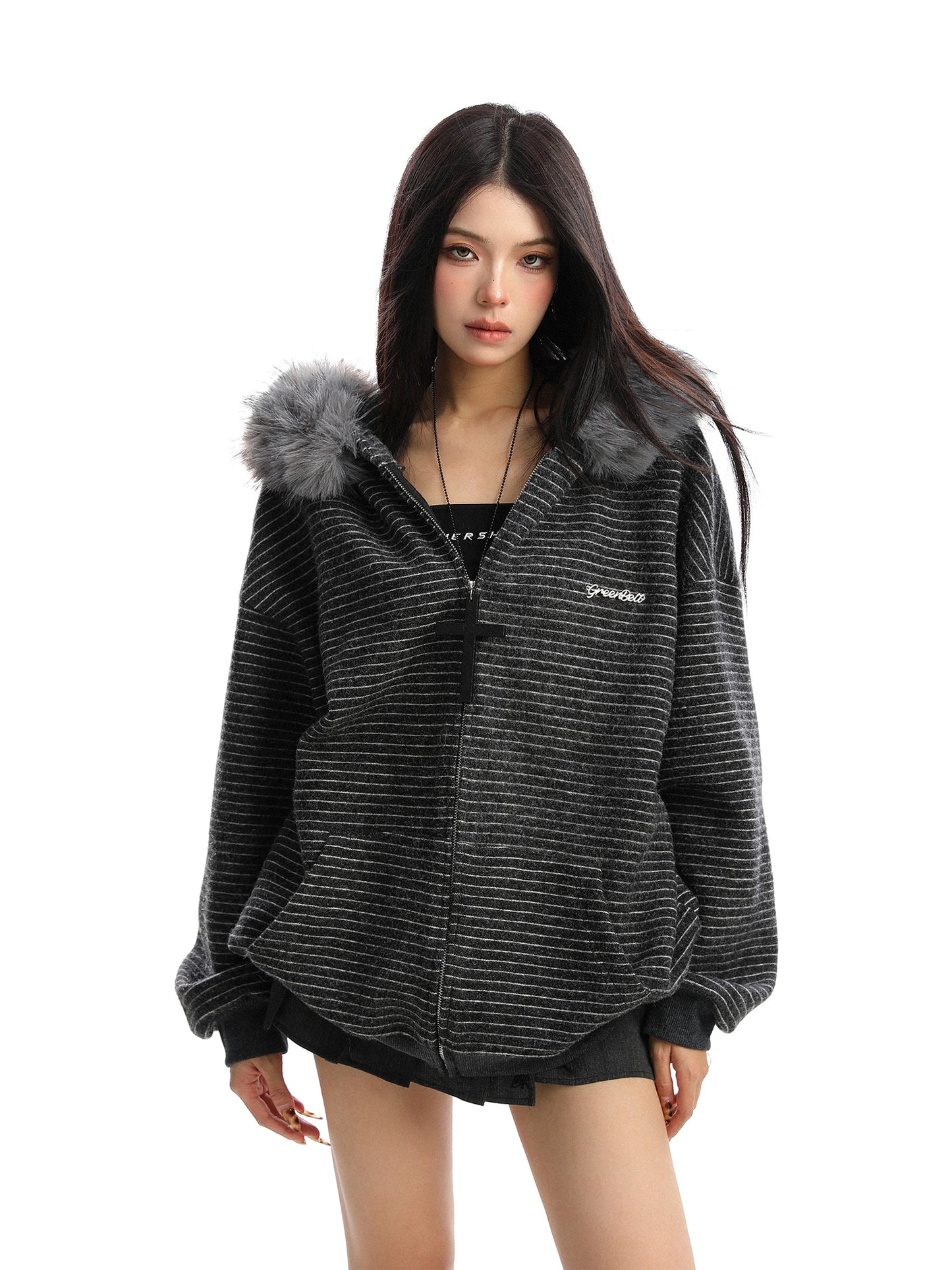 American Striped Detachable Big Fur Collar Hooded Sweater