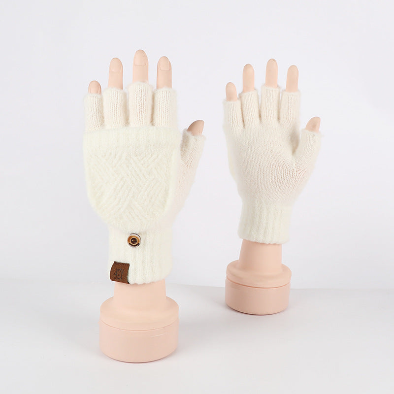 Flip-up Dual-use Half-finger Gloves For Womencold-proof And Warm-keeping