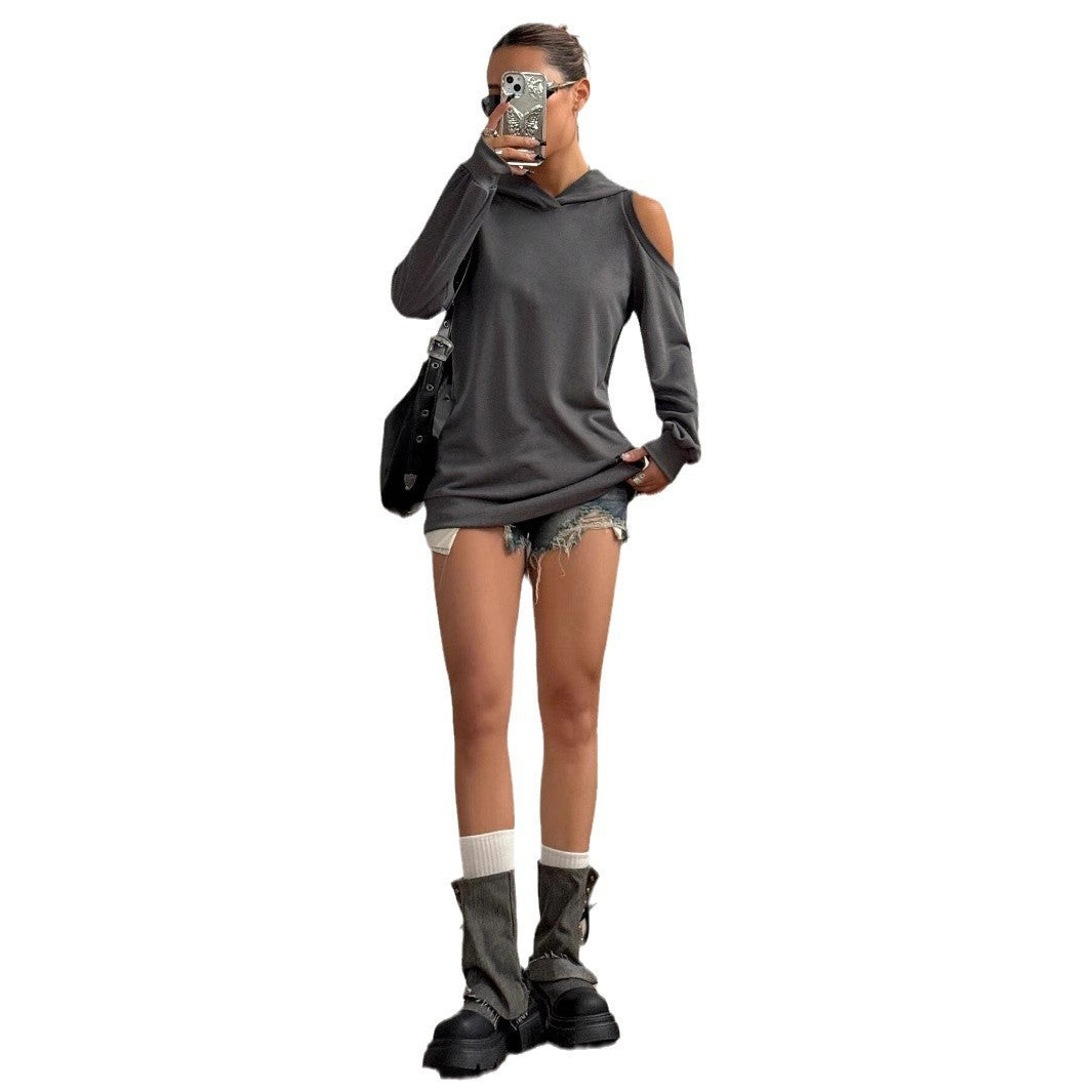 Autumn And Winter Solid Color Off-the-shoulder Hooded Women's Fashion Sweater