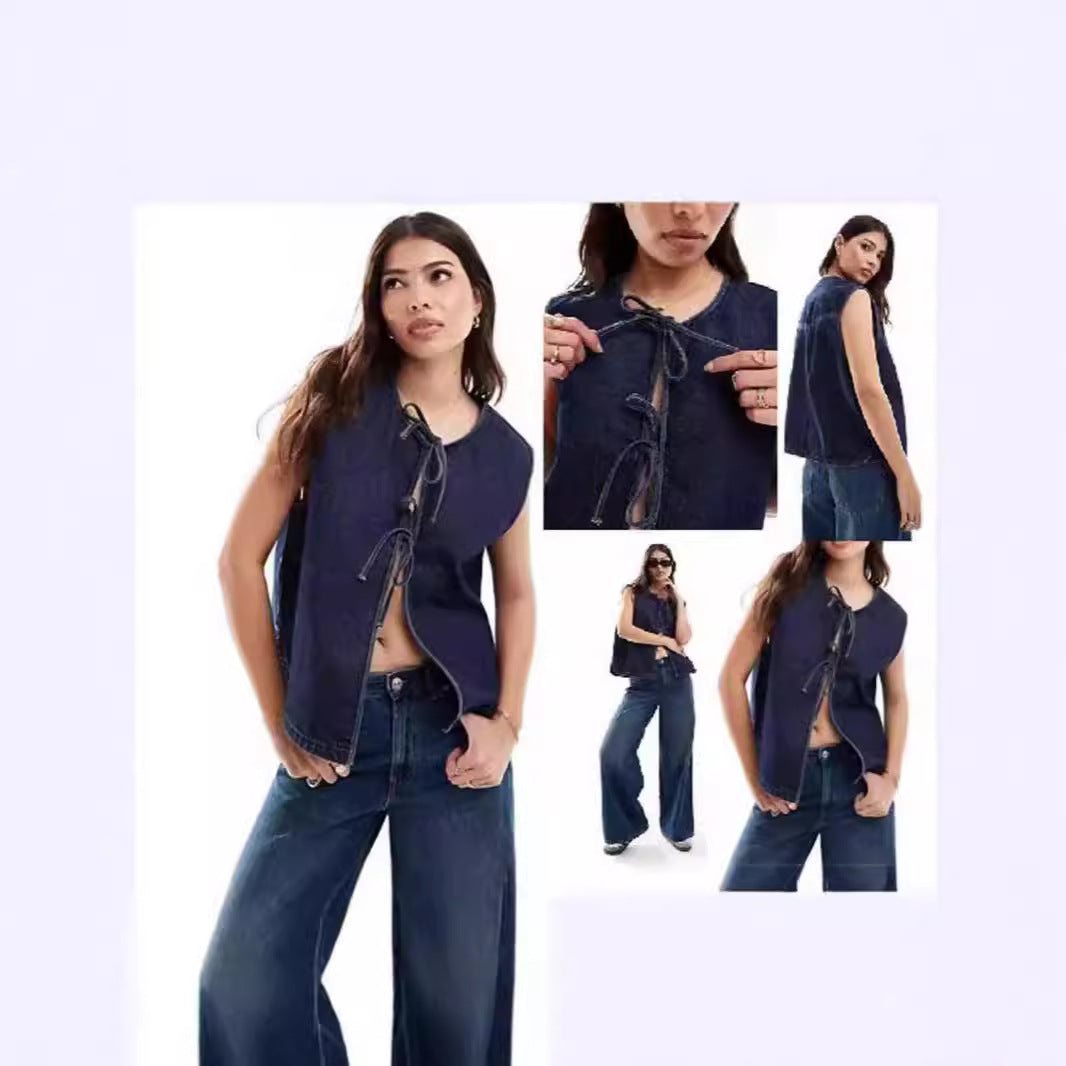 Fashion Rope Sleeveless Women's Denim Vest