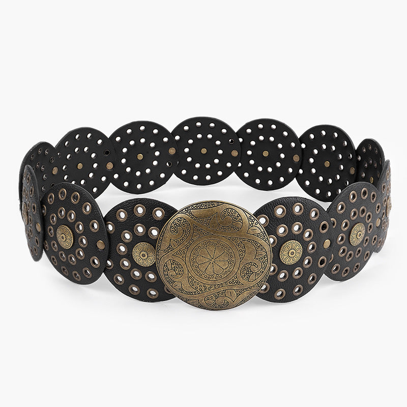Disc Hook Leather Retro Rivet Alloy Belt Wide Belt