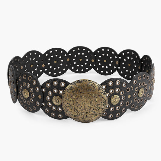 Disc Hook Leather Retro Rivet Alloy Belt Wide Belt