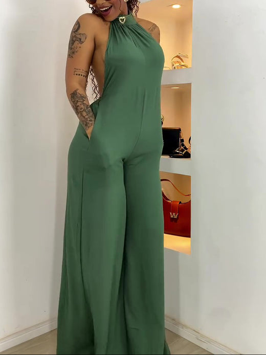 Green Halter-neck Backless Jumpsuit
