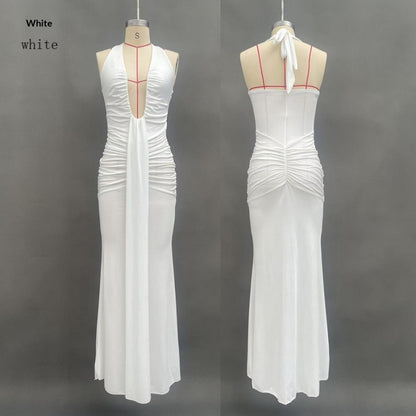Solid Color Elegant Halter Deep V Waist-slimming Long Dress