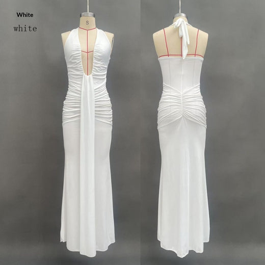 Solid Color Elegant Halter Deep V Waist-slimming Long Dress