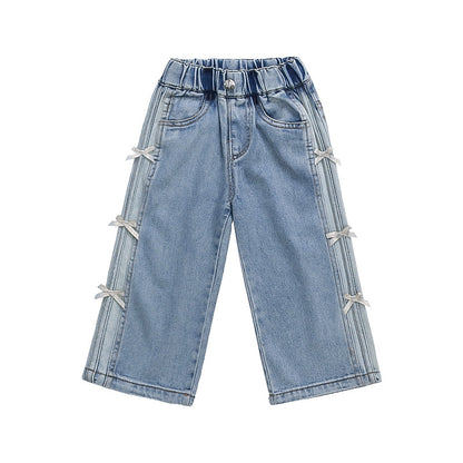 New Autumn Denim Wide-Leg Straight Pants With Bow For Kids