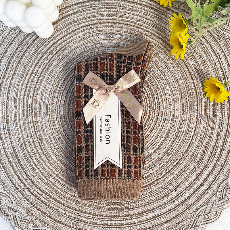 Double-Needle Dual-Channel Sweat-Absorbing Breathable Wireless Top Preppy-Style Mid-Calf Women's Socks