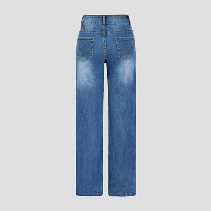 Womens Casual Straight-leg Denim Wide-leg Pants