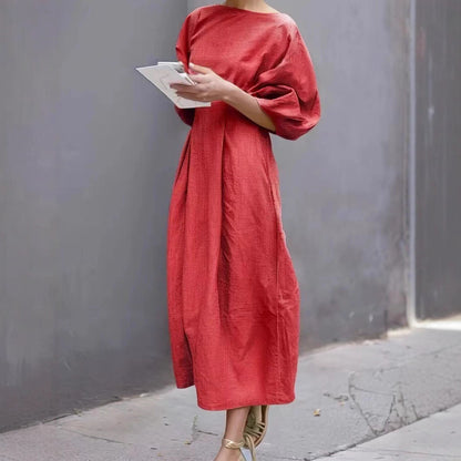 Casual Long Dress With A Round Neck And Bubble Sleeves