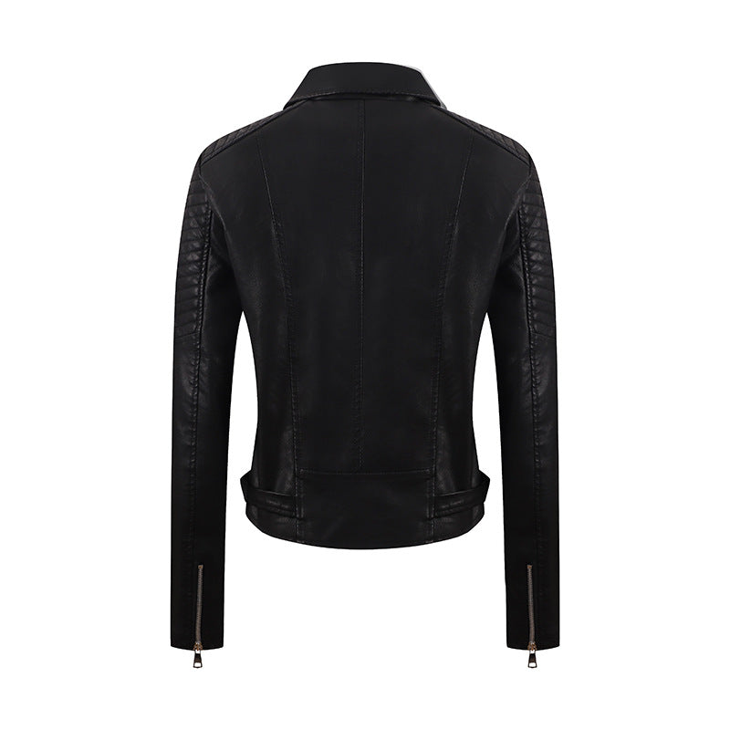 PU Women's Short Leather Oblique Pull Slim Motorcycle Clothing Washed Leather Jacket