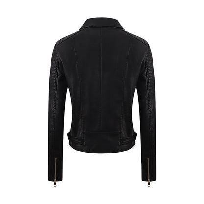 PU Women's Short Leather Oblique Pull Slim Motorcycle Clothing Washed Leather Jacket
